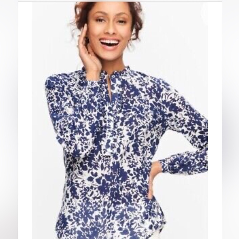 Talbots Blue White Floral Ruffle Trim Popover Tunic